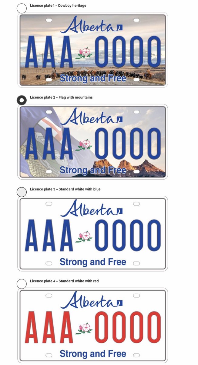 yegwave's tweet image. Alberta is rolling out a new licence plate design and slogan by late 2026, replacing “Wild Rose Country” with “Strong and Free.” 

Residents can vote online until Nov. 5 to pick from eight proposed designs. The slogan draws from Alberta’s Latin motto Fortis et Liber (“strong and…