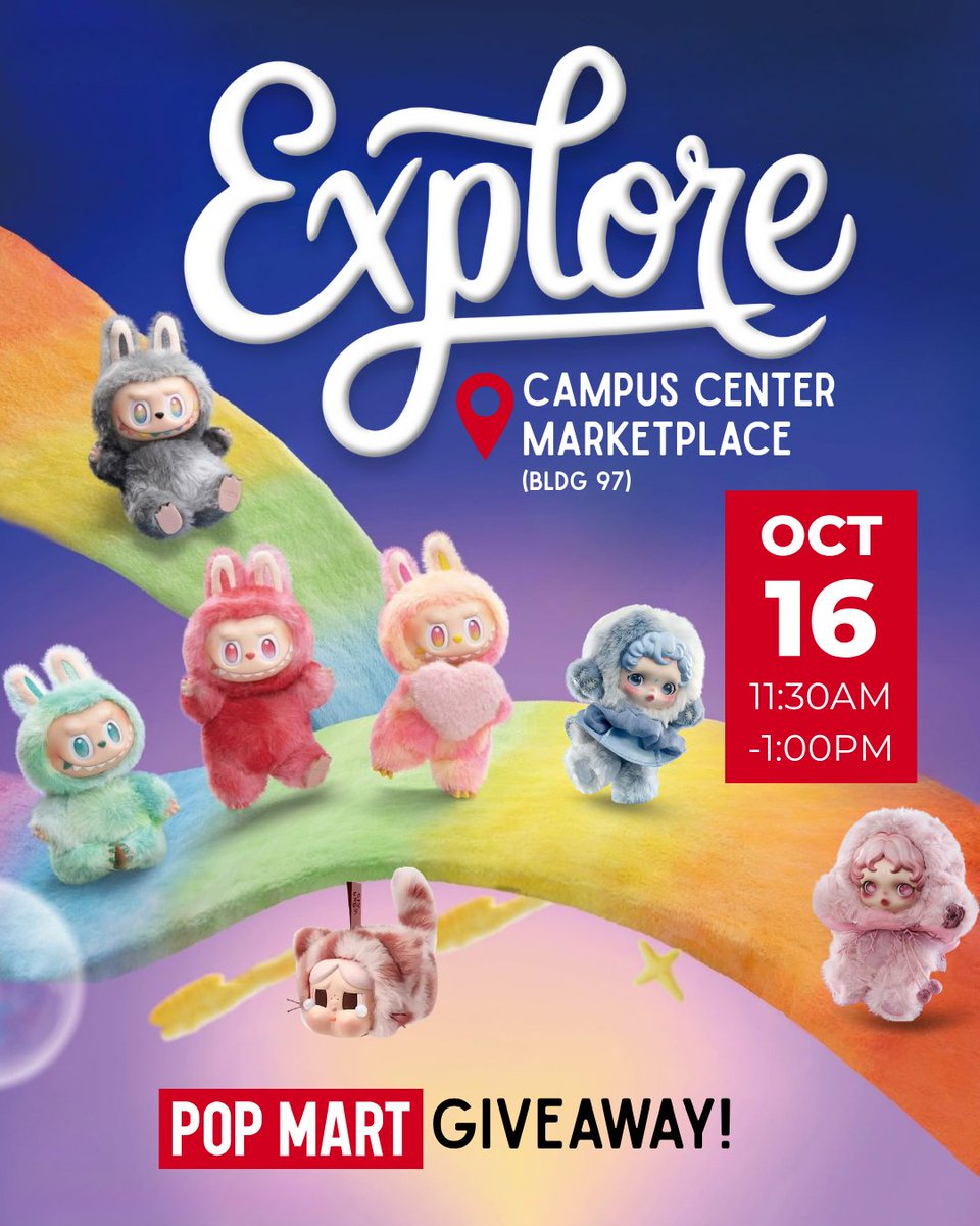 cppdining's tweet image. Your Campus Center Marketplace adventure awaits! 🌎✨
🤩 Join us TOMORROW from 11:30 AM - 1 PM for a chance to be entered into a drawing for a Pop Mart blind box! Grab a stamp card, visit each dining location inside CCMP, and collect stamps from every stop.
