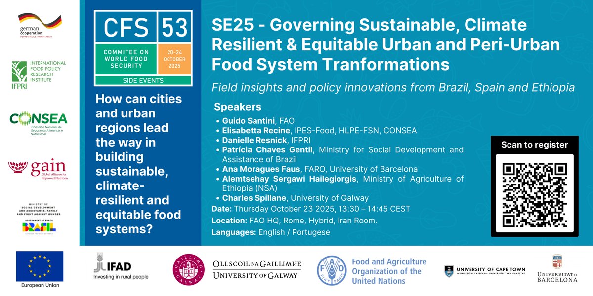 ecofoodsystems's tweet photo. 🌍 Save the Date: 23 Oct 2025 | 13:35–14:45 CEST

Join FAO &amp; IFAD at #CFS53 for a side event on governing sustainable, climate-resilient and equitable urban and peri-urban food systems.

📍 FAO HQ, Rome &amp; online
📅 Register: https://t.co/LEm8XCXVYX https://t.co/isohHGEvcS