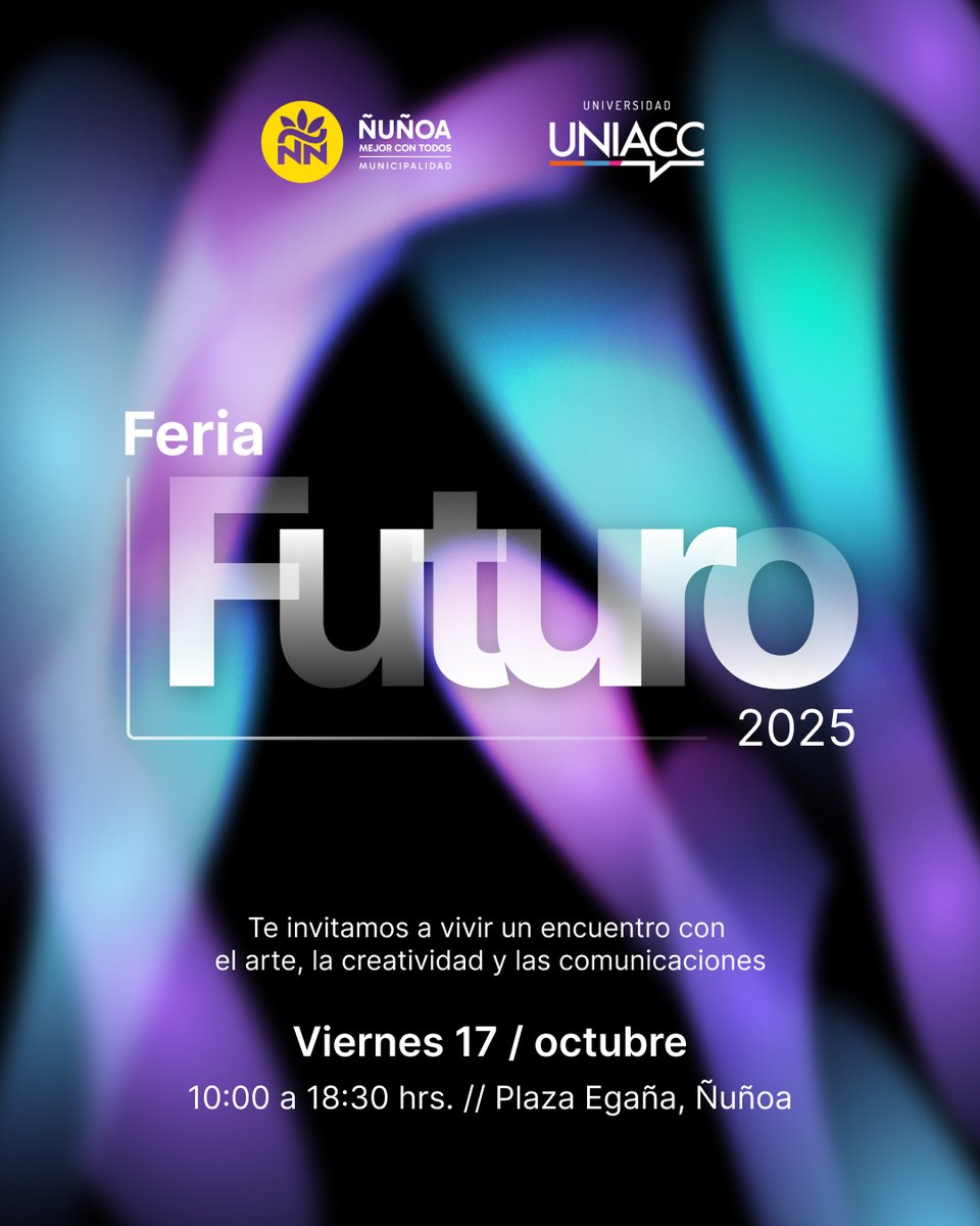 UNIACC's tweet photo. ¡En la #FeriaFuturoÑuñoa, la #UNIACC viste de colores el futuro!

Música, danza, diseño e innovación digital marcarán nuestra presencia en este gran encuentro de orientación vocacional.

📅 17 de octubre | 10:00 a 19:00 hrs.

#EducaciónCreativa #UNIACC https://t.co/34t8i1ECin