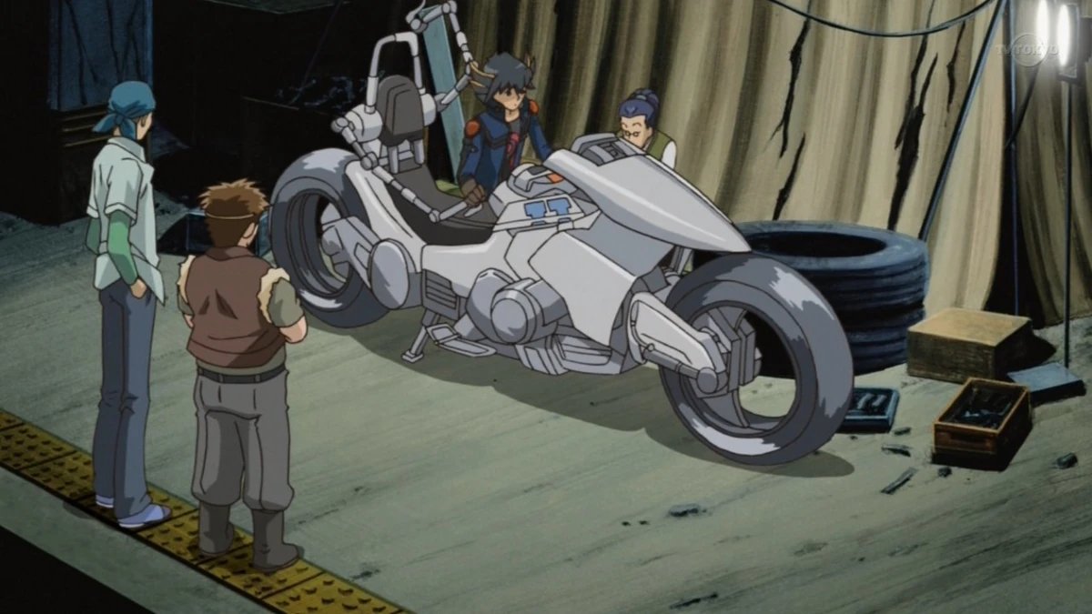 Yusei's working on his D-Wheel, noticing the woman coming.

"Well I could use some company, I suppose"