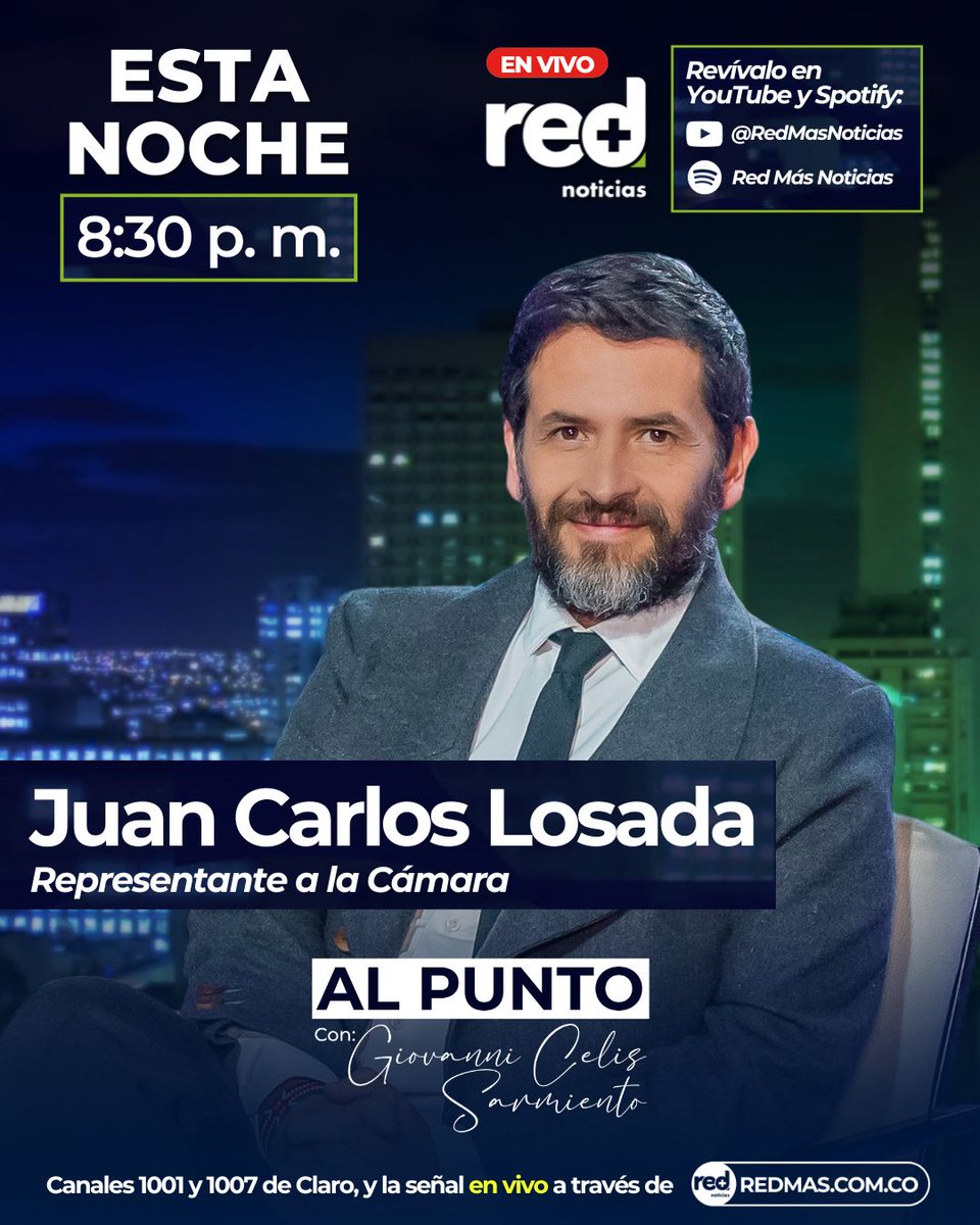 Esta noche: Juan Carlos Losada (<a href="/JuanKarloslos/">Juan Carlos Losada</a>), representante a la Cámara, hablará #AlPunto con Giovanni Celis (<a href="/GiovanniCelisS/">Giovanni Celis Sarmiento</a>), director de Red+ Noticias. 

⏰ 8:30 p. m. 

➡️ Siga la entrevista en los canales 1001 y 1007 de Claro, y en la señal en vivo a través de