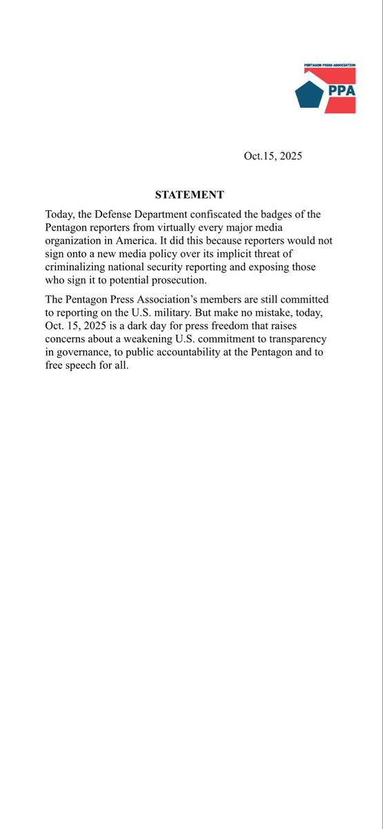 Document image showing the Pentagon Press Association letterhead with logo at the top, dated October 17, 2025, titled STATEMENT, detailing the end of the resident press corps program at the Pentagon, confirmation from the Department of Defense, commitment to reporting and press access, and emphasis on free speech and government accountability.