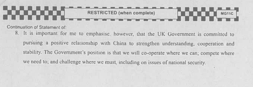 Tony_Diver's tweet photo. There appears to be a smoking gun in the Collins statements.

Ministers have said they could only use old Conservative policy in evidence.

But this "three Cs" approach, detailed by Collins, is David Lammy's policy. Therefore it appears Labour was able to define China itself. https://t.co/kCA1Y93xqk