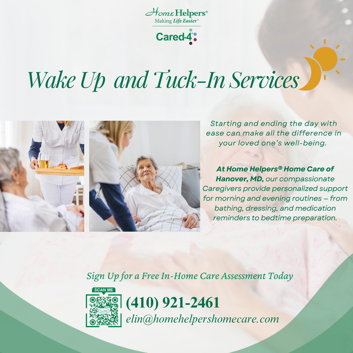 EdwardSiraya's tweet image. At Home Helpers® of Hanover, MD, our Wake Up &amp;amp; Tuck-In Services help seniors with morning routines, evening prep, and medication reminders — giving families peace of mind day and night. 

📞 (410) 921-2461
📧 elin@homehelpershomecare.com
🌐 homehelpershomecare.com/hanover-md

#HomeHelpers