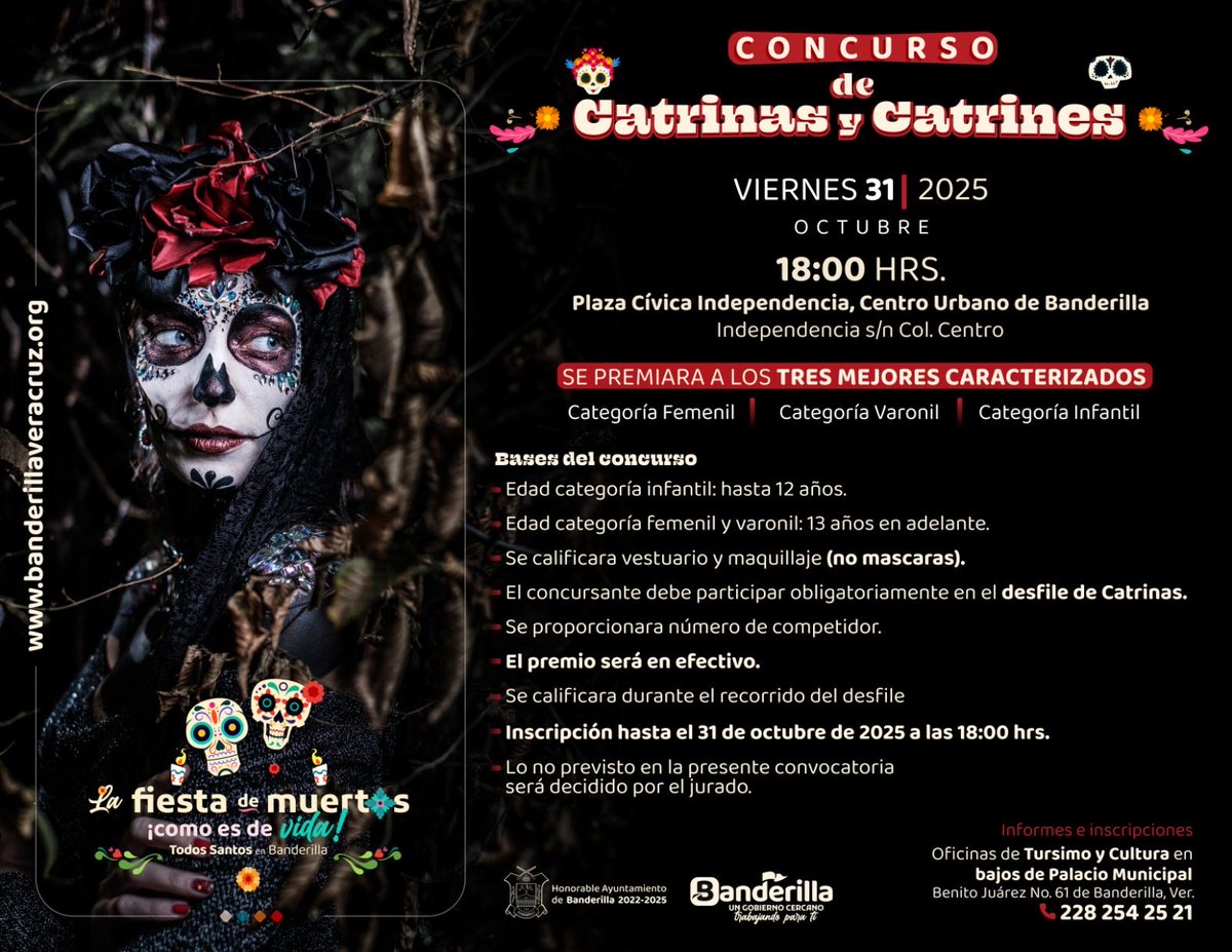 BanderillaVer's tweet photo. 💐💀🕯️🪻Honrando la memoria de nuestros fieles difuntos, celebraremos la Fiesta de Todos los Santos con el tradicional “Concurso de #Catrinas y #Catrines”

¡Participa!, ven con toda tu familia y honremos juntos a nuestros fieles difuntos🥳🎉

#CentroUrbano #Banderilla https://t.co/0yDNkjy2Jp