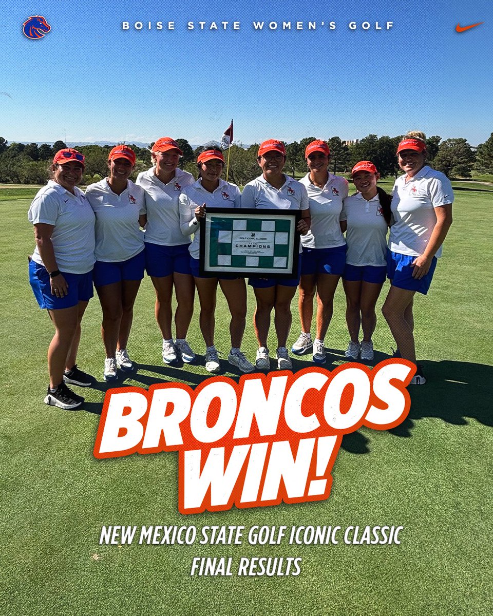 BroncoSportsWGF's tweet image. BRONCOS WIN🔥

Boise State is the New Mexico State Golf Iconic 𝐜𝐡𝐚𝐦𝐩𝐬 after firing a 54-hole score of 851 (-13), the second lowest in program history🤯

#BleedBlue | #WhatsNext