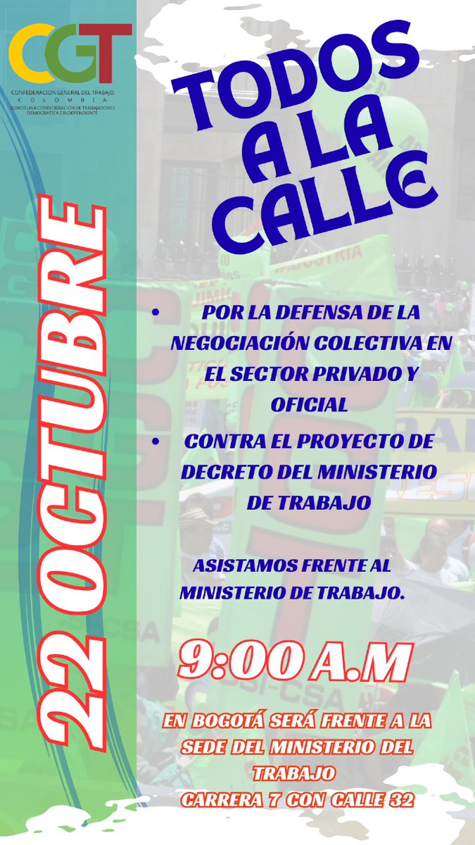 La CGT Democratica e independiente convoca al sindicalismo colombiano a salir a las calles para defender la NEGOCIACIÓN COLECTIVA EN EL SECTOR PRIVADO Y OFICIAL. Rechazamos enfáticamente el UNICATO y la negociación MULTINIVEL.  <a href="/MintrabajoCol/">MinTrabajo</a> <a href="/BurchardtMeloFA/">Francisco Burchardt Melo</a> <a href="/JorgeDiezCGT/">Jorge Ivan Diez Velez</a> <a href="/lafm/">La FM</a>