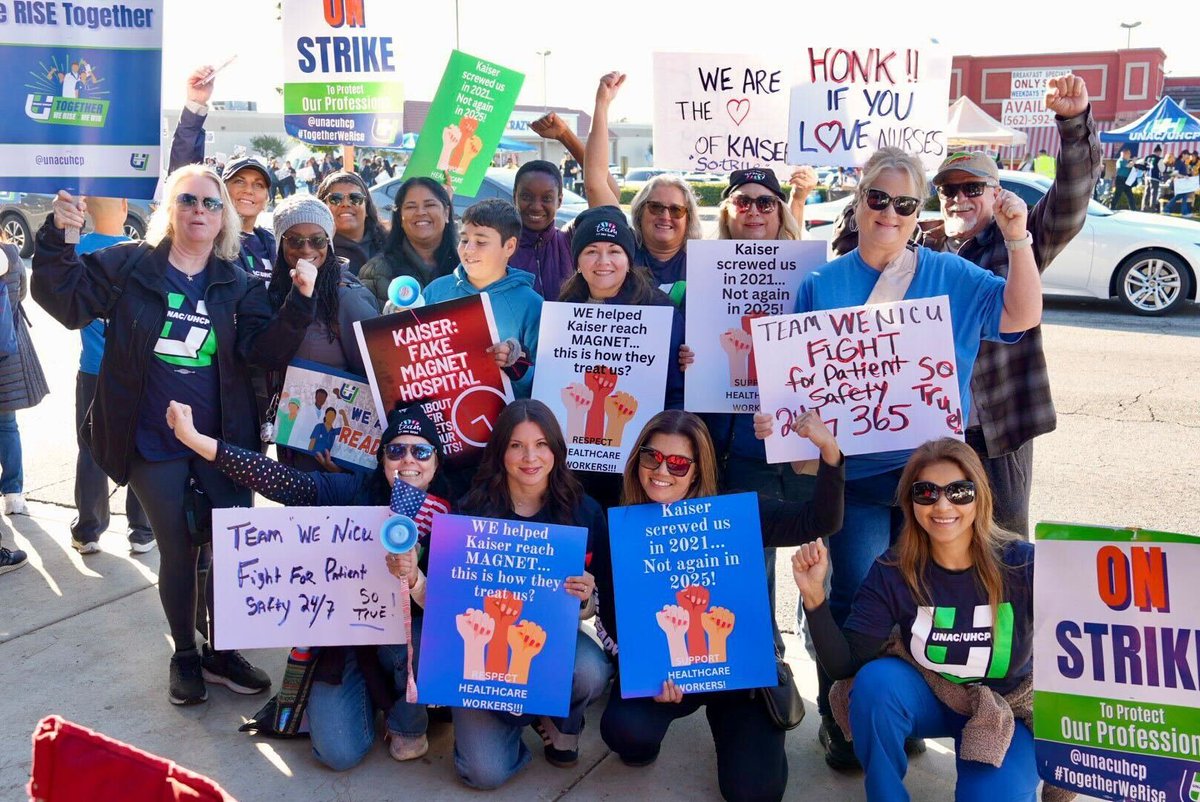 AFSCME's tweet image. It’s Day 2 of the @unacuhcp Kaiser Permanente health care worker strike and 31,000 registered nurses and frontline health care professionals are holding the line! #TogetherWeRise #KaiserStrike #UNACUHCPStrong