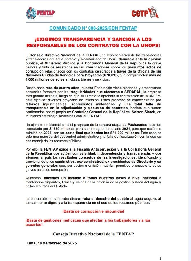 FENTAP4's tweet image. Exigimos transparencia y sanción a los responsables de los contratos con la UNOPS.

@SedapalOficial #sedapal #lima #callaoperu @todos #cgtp