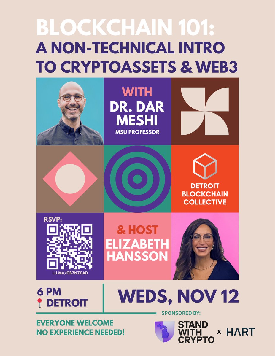 ElizabethHa's tweet image. Detroit Blockchain Collective presents:
Blockchain 101 — A Non-Technical Introduction to Cryptoassets & Web3
📅 Wed Nov 12
📍 @hartinc, Detroit
Featuring @darmeshi, @michiganstateu professor leading research at the intersection of psychology, technology & Web3!
Hosted by…
