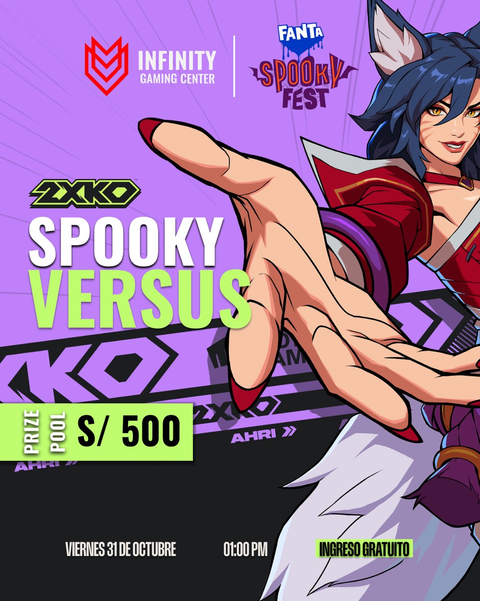 🎮⌨️Tenemos TORNEO PRESENCIAL DE 2XKO aquí en el SpookyFest!

🗓️ Viernes 31 de Octubre – 01:00 PM (check-in obligatorio)
📍 Infinity Gaming Center – Real Plaza Puruchuco
🏆 S/500 en premios
🎟️ Entrada GRATIS
🕹️ Registrate aquí: forms.gle/GmfpGbki3Xf3WL…

<a href="/2xkoperu/">2xko Perú</a>