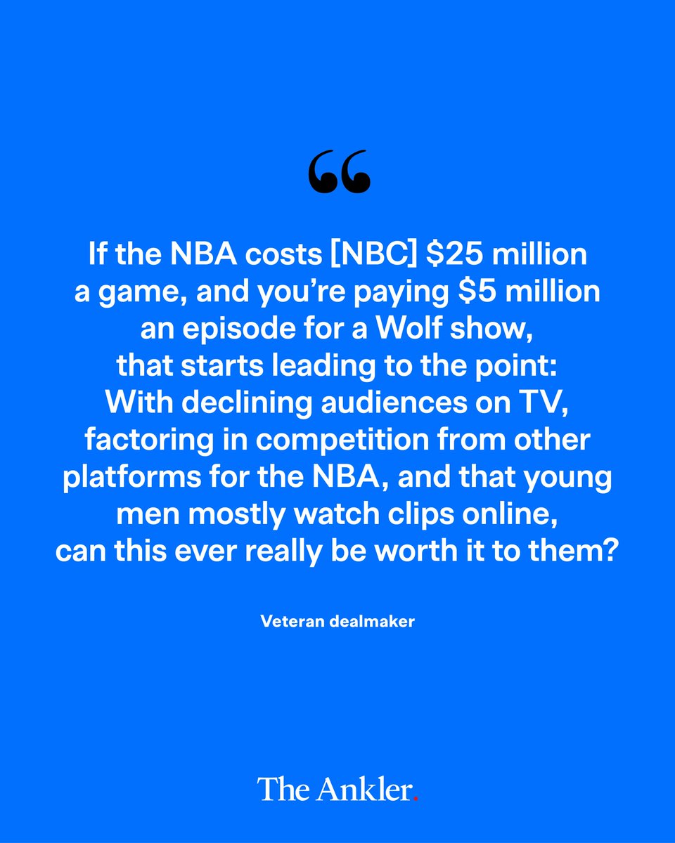 TheAnkler's tweet image. NBC is benching three hours of scripted TV a week for NBA games that cost $2.45 billion a year. @Snoodit crunches the numbers on which play makes better business sense: live sports or profitable Dick Wolf dramas theankler.com/p/the-battle-f…