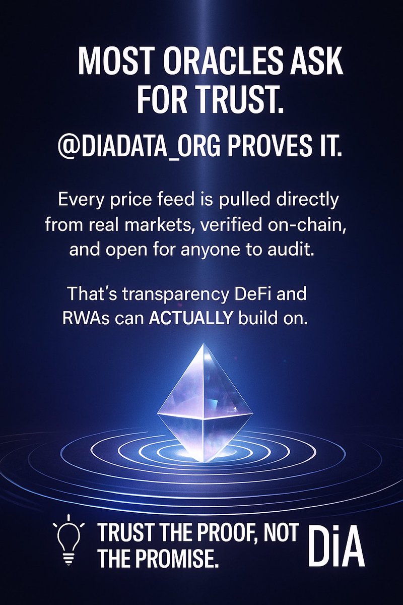 V A τ A N (@__kimminjae__) on Twitter photo Most oracles ask for trust.
<a href="/DIAdata_org/">DIA | Cross-Chain Oracles for Web3</a> proves it.
Every price feed is pulled directly from real markets, verified on-chain, and open for anyone to audit.
That’s transparency DeFi and RWAs can actually build on.
💡 Trust the proof, not the promise. $DIA Most oracles ask for trust.
<a href="/DIAdata_org/">DIA | Cross-Chain Oracles for Web3</a> proves it.
Every price feed is pulled directly from real markets, verified on-chain, and open for anyone to audit.
That’s transparency DeFi and RWAs can actually build on.
💡 Trust the proof, not the promise. $DIA