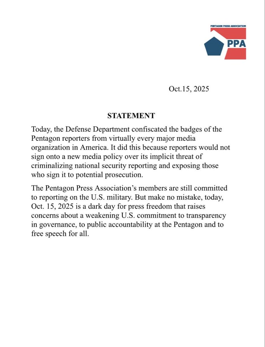 Statement released moments ago by the Pentagon Press Association.