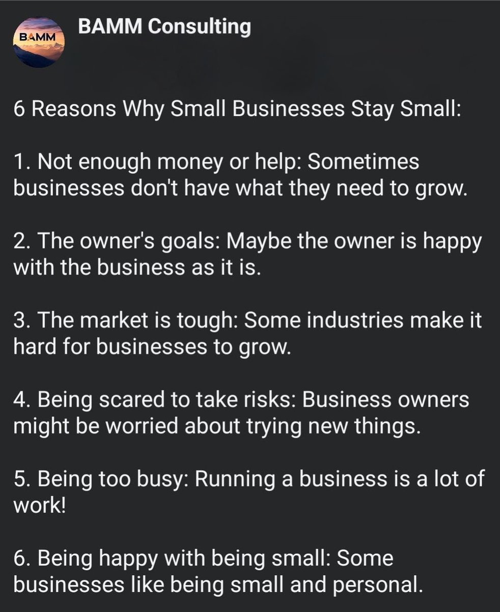 BAMMExperts's tweet photo. 6 Reasons Why Small Businesses Stay Small! 

Want to make your business better? Schedule a FREE consultation with BAMM Consulting and let's talk about how to make your business succeed! #smallbusiness #businessgrowth #consulting https://t.co/mpx1BhVGxd