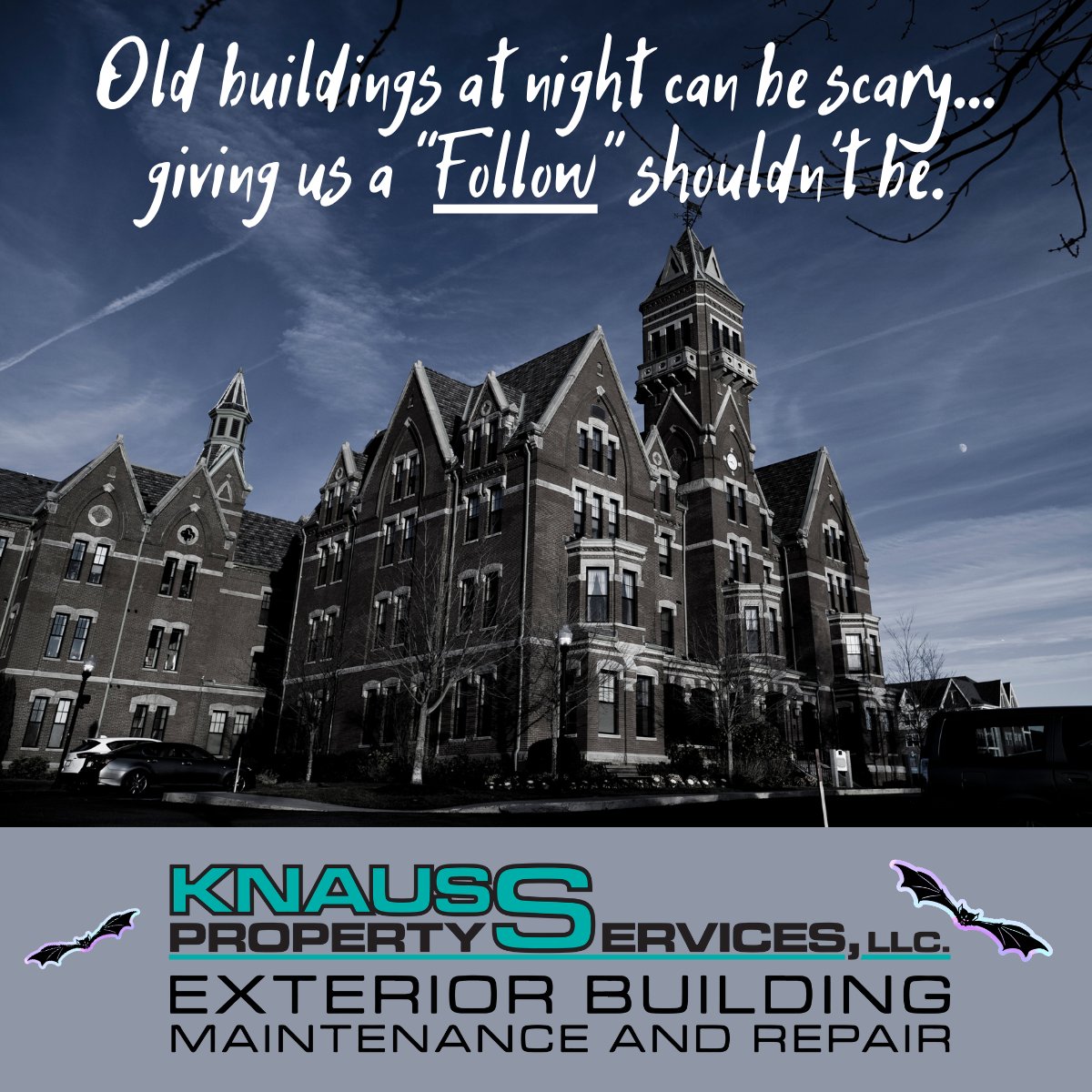 Your1Call's tweet photo. Even the best-kept buildings can look a little spooky after dark...
but giving our page a follow is nothing to be afraid of.

At Knauss Property Services, we are light on the tricks, heavy on the treats — with behind-the-scenes projects, and expert tips to keep your property looking boo-tiful all year long. 🍬

Hit that "FOLLOW" button... if you dare. 🎃🎃
#BuildingExteriors #CommercialMaintenance #Indiana #KPS #Your1Call #TreatsNotTricks