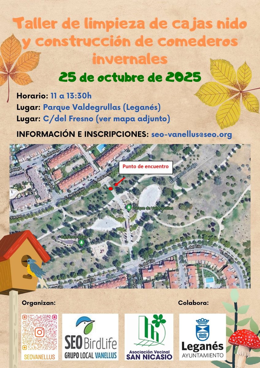 Después de las #FiestasDeSanni2025 empezamos con las actividades del curso:
-CLUB FAMILIA/ESCUELA DE MADRES Y PADRES, el 19 de oct en nuestro local, con la Asociación Despertarte.
-TALLER DE LIMPIEZA DE CAJAS NIDO, 25 oct parque Valdegrullas, con SEO-Vanellus
#SomosBarrio

Mas👇