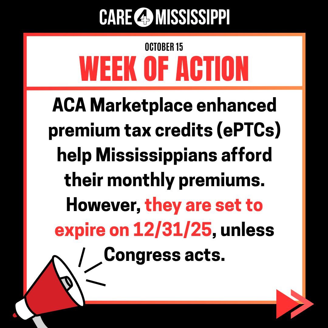 Care4MS's tweet photo. 🚨 Week of Action: Enhanced ACA Marketplace premium tax credits help Mississippians afford coverage — but they expire this year unless Congress acts.
📧 Email &amp; tag your Members of Congress and share your ACA story! #CareNotCuts https://t.co/AemvJUJ6F4
