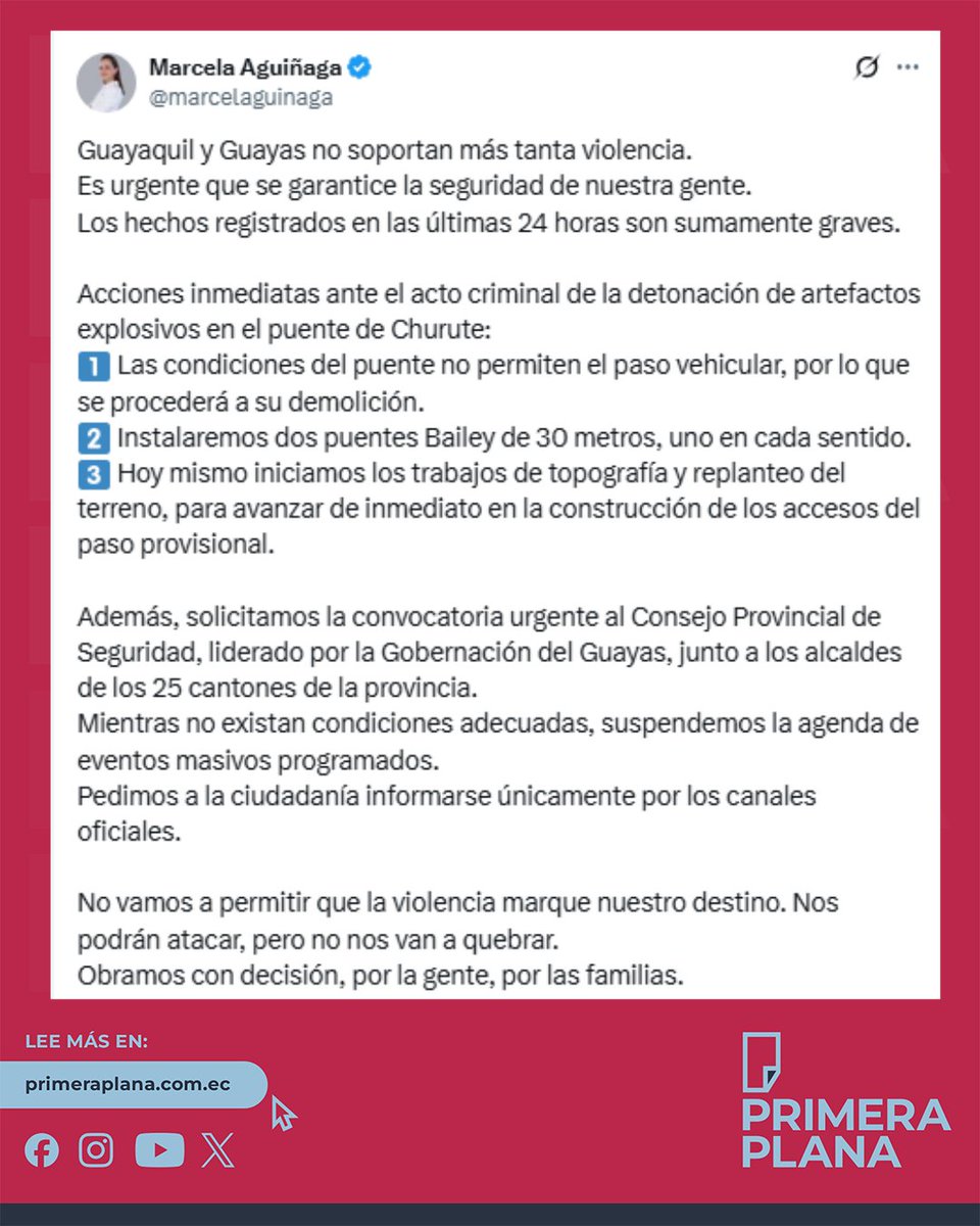 #ACTUALIZACIÓN | 

🔴La prefecta del #Guayas, Marcela Aguiñaga, anunció que las condiciones actuales del puente de Churute, no permiten su uso y que será necesaria su demolición total.

🔴“Las condiciones del puente no permiten el paso vehicular, por lo que se procederá a su