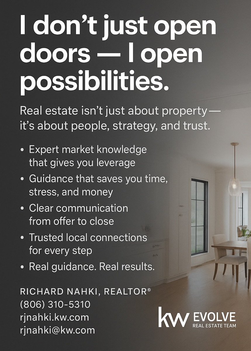 rnEvolveRET's tweet photo. Real estate isn’t about transactions. It’s about people, trust, and getting every detail right.

Richard Nahki, REALTOR®
Evolve Real Estate Team | Keller Williams

📍 Serving the Texas Panhandle.
#EvolveRealEstateTeam #KW #TexasRealtor #AmarilloHomes #RealEstateDoneRight https://t.co/R1dQUGksKQ