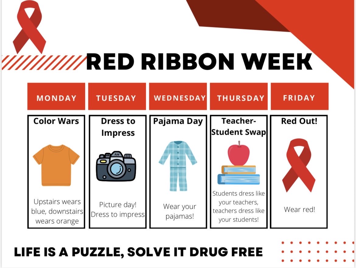 Next week is Red Ribbon Week!
Check out the flyer for the theme for each day! #RedRibbonWeek❤️