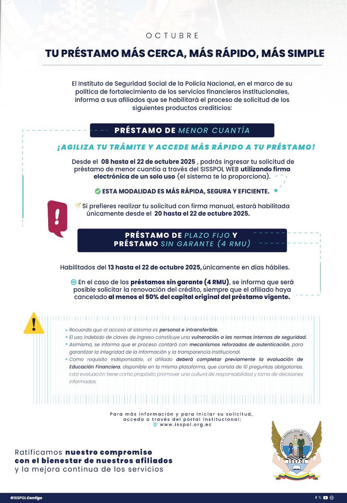 📢 PRÉSTAMOS HABILITADOS

En octubre estarán habilitados los préstamos de menor cuantía, plazo fijo y sin garante.

✅ Solicita en línea con firma electrónica.
✅ Renovación disponible en préstamos sin garante (hasta 4 RMU).

🔗 Ingresa en 👉 isspol.org.ec

#ISSPOL