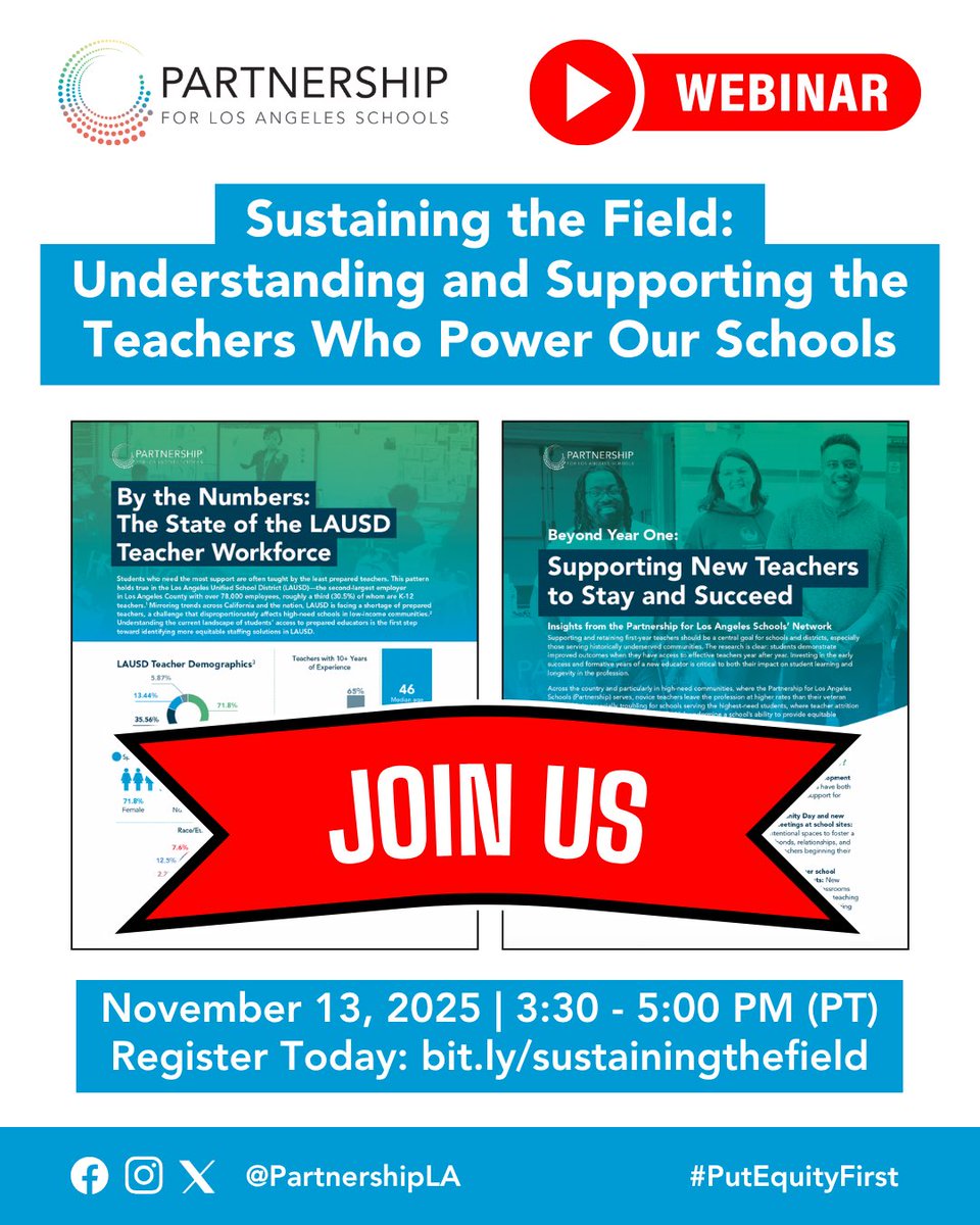📢 Discover how staffing inequities affect students and the supports teachers need to thrive. Learn key challenges, insights, and strategies to retain educators, especially in high-need schools.

Register today: bit.ly/sustainingthef…

#PutEquityFirst #PartnershipLANetwork