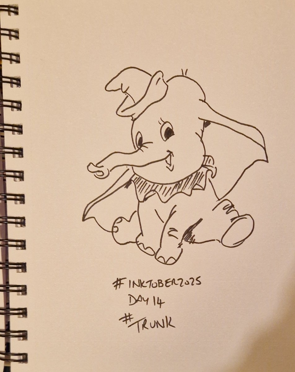 #inktober2025 up to date nearly.  #Sting - who else? #shredded wheat. Pilot Officer Prune in the #drink and #trunk although Dumbo is more known for his ears!
