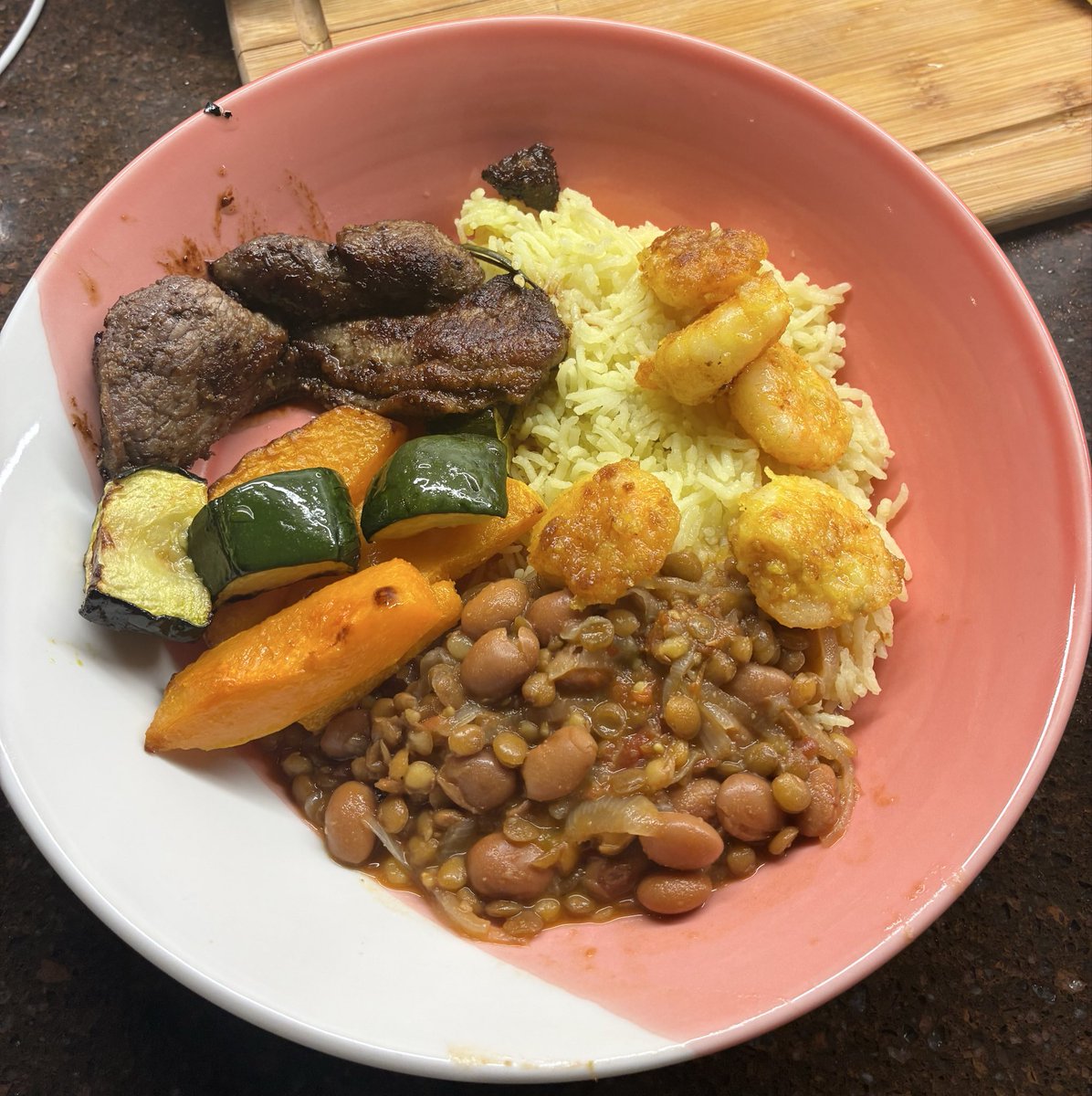 Long time no #KlavsKitchen so here you go: 👨🏾‍🍳 Cumin Lamb Steak, Butternut Squash, Courgette, Borlotti Beans and Puy Lentils Stew, Saffron Rice and Fried Prawns 🍤