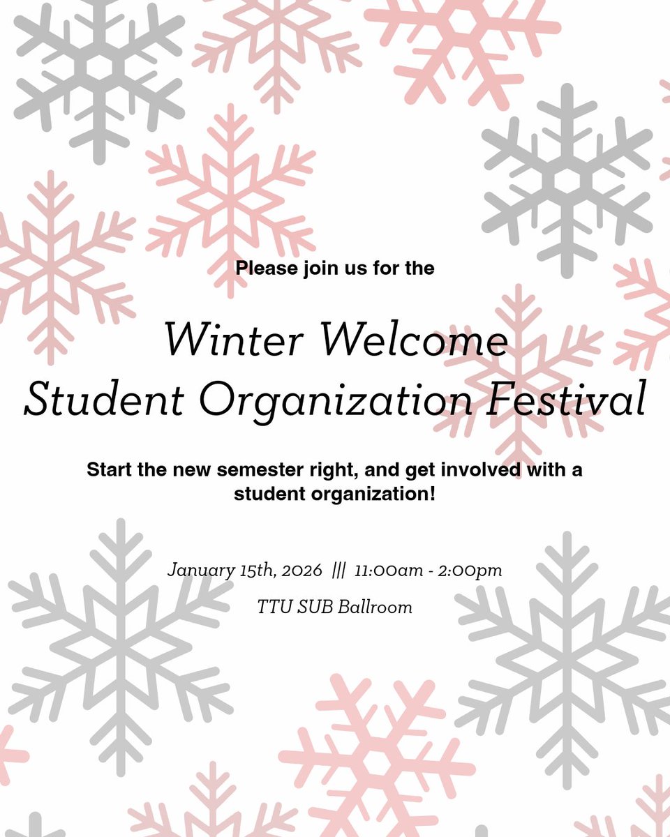 Promote Your Organization at the Winter Welcome Organization Fair!

📅 Date: January 15, 2026
🕞 Check-in &amp; Setup: 10 AM – 10:45 AM
📍 Location: SUB Ballroom

This is your chance to connect with incoming and returning students in a fun, high-energy environment!