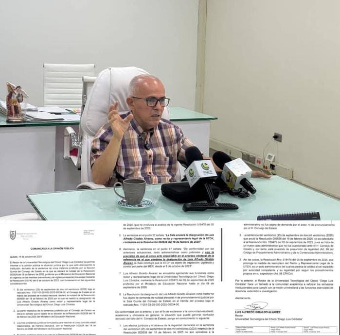 UNIVERSIDAD TECNOLÓGICA DEL CHOCÓ ACLARA SITUACIÓN JURÍDICA TRAS FALLO DEL CONSEJO DE ESTADO
La Universidad Tecnológica del Chocó "Diego Luis Córdoba" se pronunció oficialmente frente al reciente fallo del Consejo de Estado que anuló 
revistachoco.com.co/educacion/univ…
