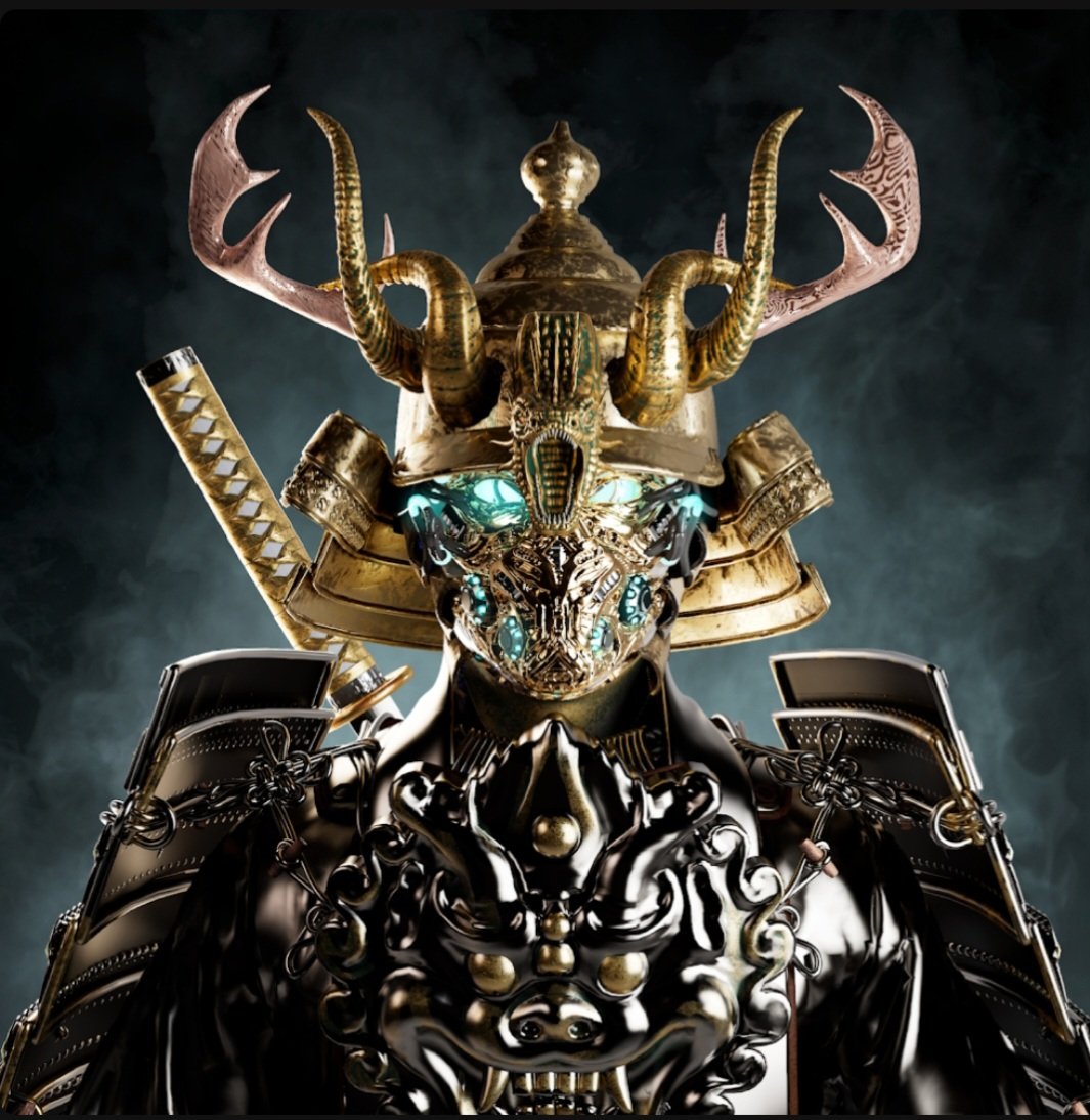 spymunk's tweet image. Weird feeling when you finally get the nft you have wanted since mint, but everyone else in project checked out a while ago...🤣 @Bushido_Society #dragonhorn #roningold