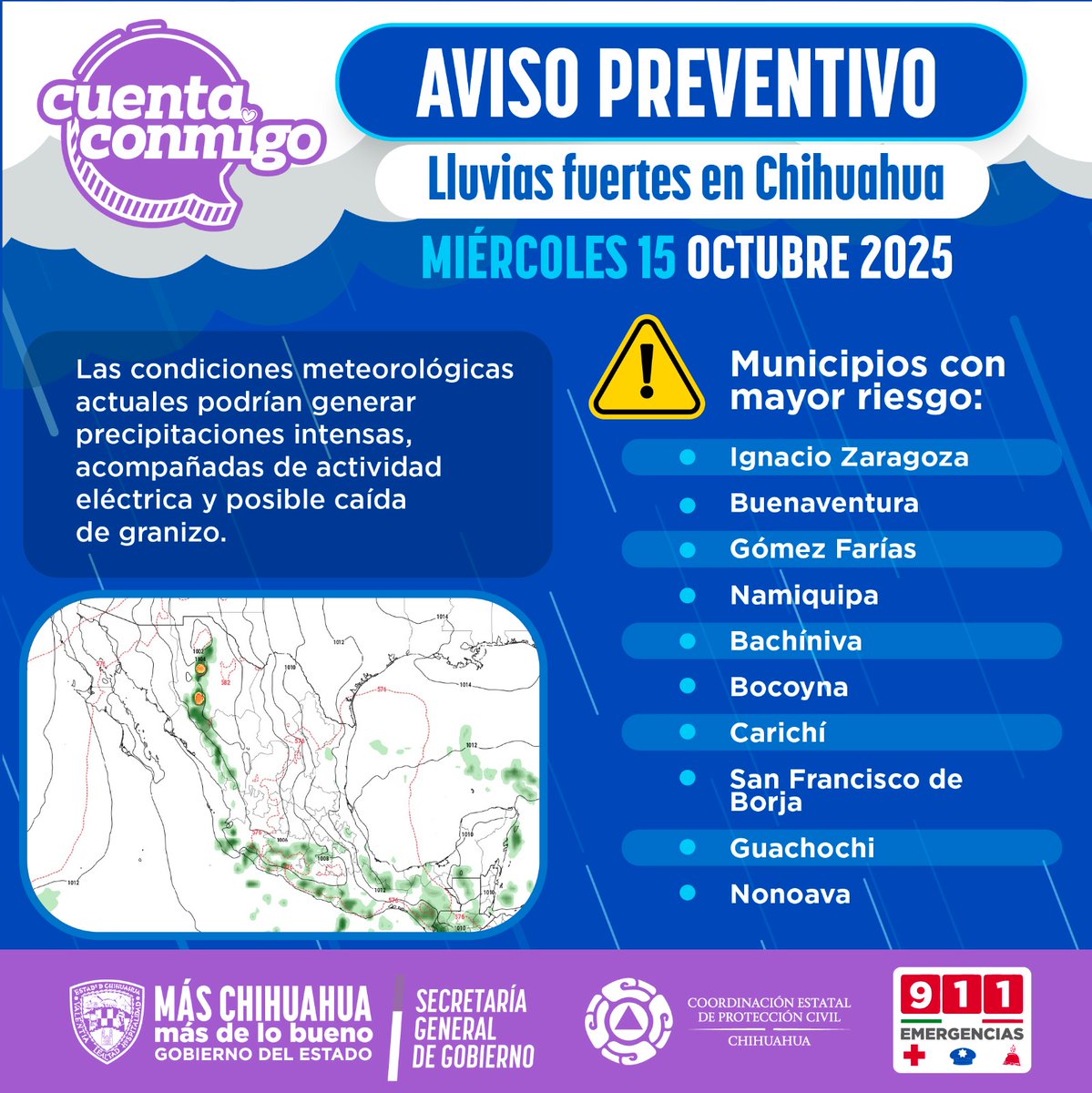 Alerta preventiva por lluvias fuertes.Este miércoles 15 de octubre, se prevé la posibilidad de lluvias fuertes en varias regiones del estado, especialmente entre las 18:00 y las 24:00 horas.
Las precipitaciones podrían estar acompañadas de actividad eléctrica y  caída de granizo