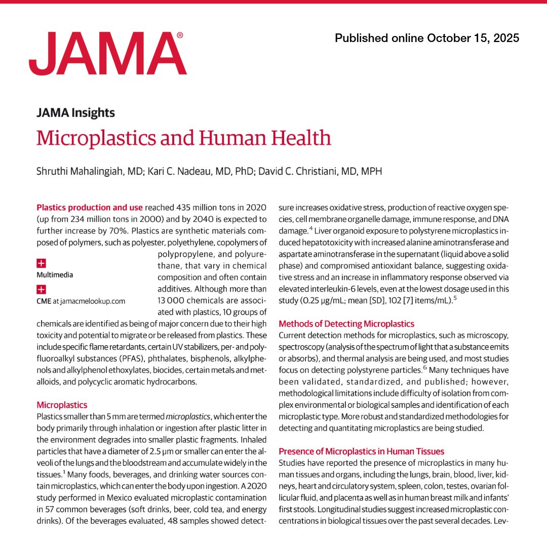 From <a href="/JAMA_current/">JAMA</a>: #Microplastics are increasingly detected in human tissues, with potential links to cognitive, cardiovascular, and inflammatory outcomes. 

📌 Learn more in this JAMA Insights: ja.ma/4nROUvH