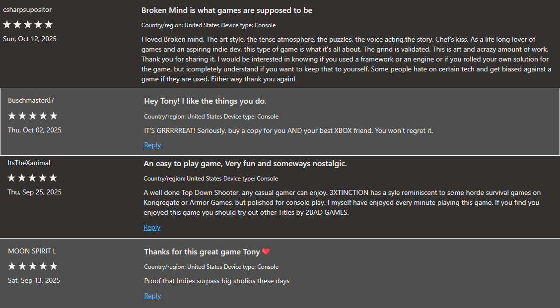 Right now, I'm going through a difficult time as an indie developer, and comments like this really help! Thank you for your support!🙏😭❤️

#solodev #IndieGameDev #3xtinction #brokenmind