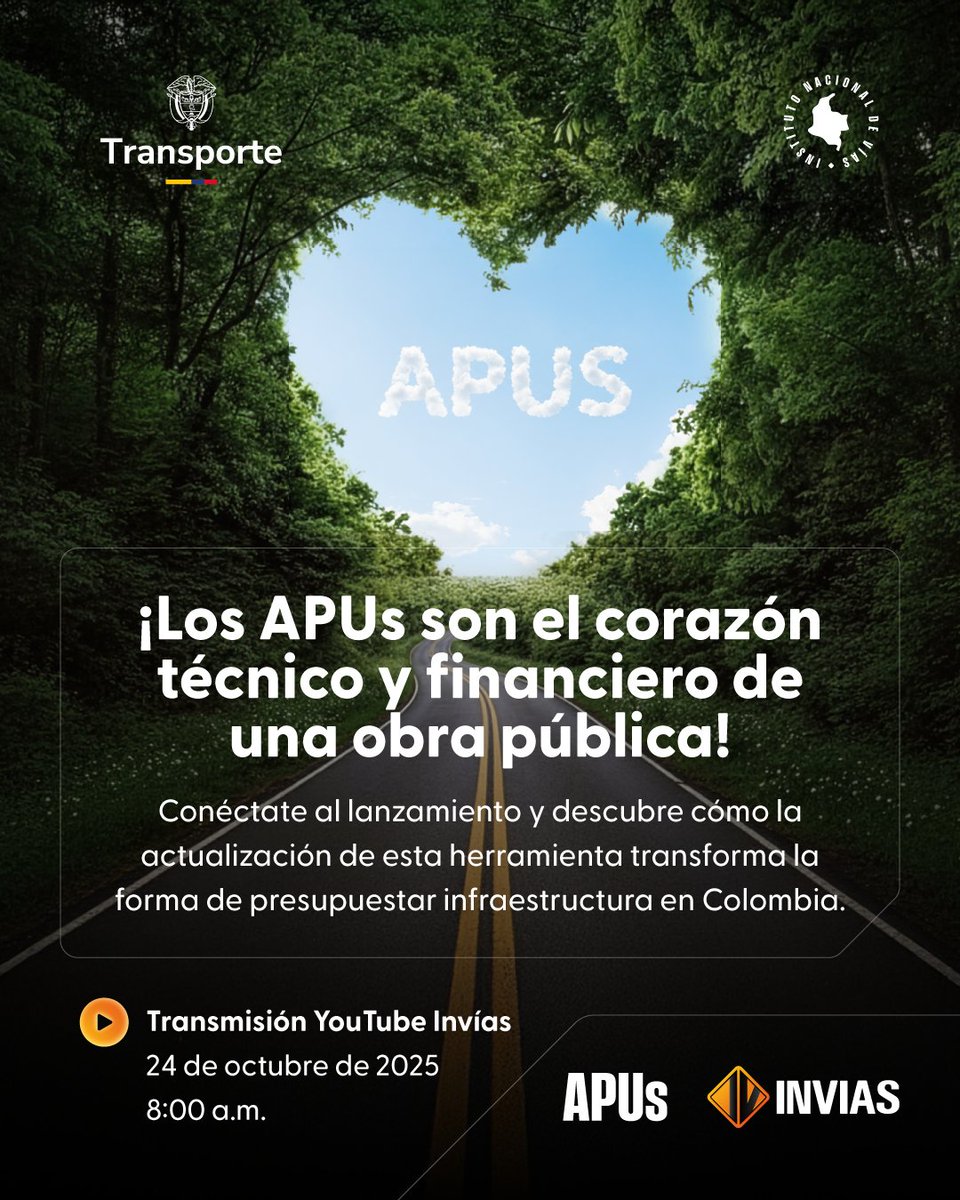 InviasOficial's tweet image. 📢 ¡Mañana es el lanzamiento!
Los #APUs evolucionan para seguir siendo el corazón técnico y financiero de las obras públicas del país.
🗓️ 24 de octubre de 2025
🕗 8:00 a. m.
📺 Transmisión por
👉 youtube.com/live/9atTPSagm…
Conéctate