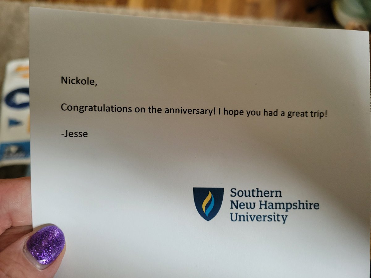 My previous advisor, Jesse, sent this to me. Didn't know it was coming. I had emailed him about when classes start due to being on a trip for our anniversary. This was so thoughtful. <a href="/SNHU/">SNHU</a>
My college is cooler than yours.