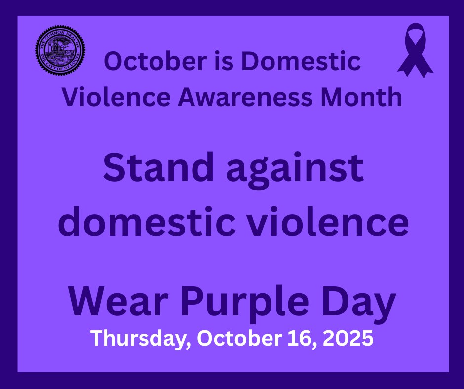 October is domestic violence awareness month.

Stand against domestic violence. Tomorrow (Oct. 16) is Wear Purple Day. Wear purple to show your support for domestic violence survivors.

If you need help: dss.mo.gov/.../domestic-v…...

#MOPurpleThursday #PurpleThursday