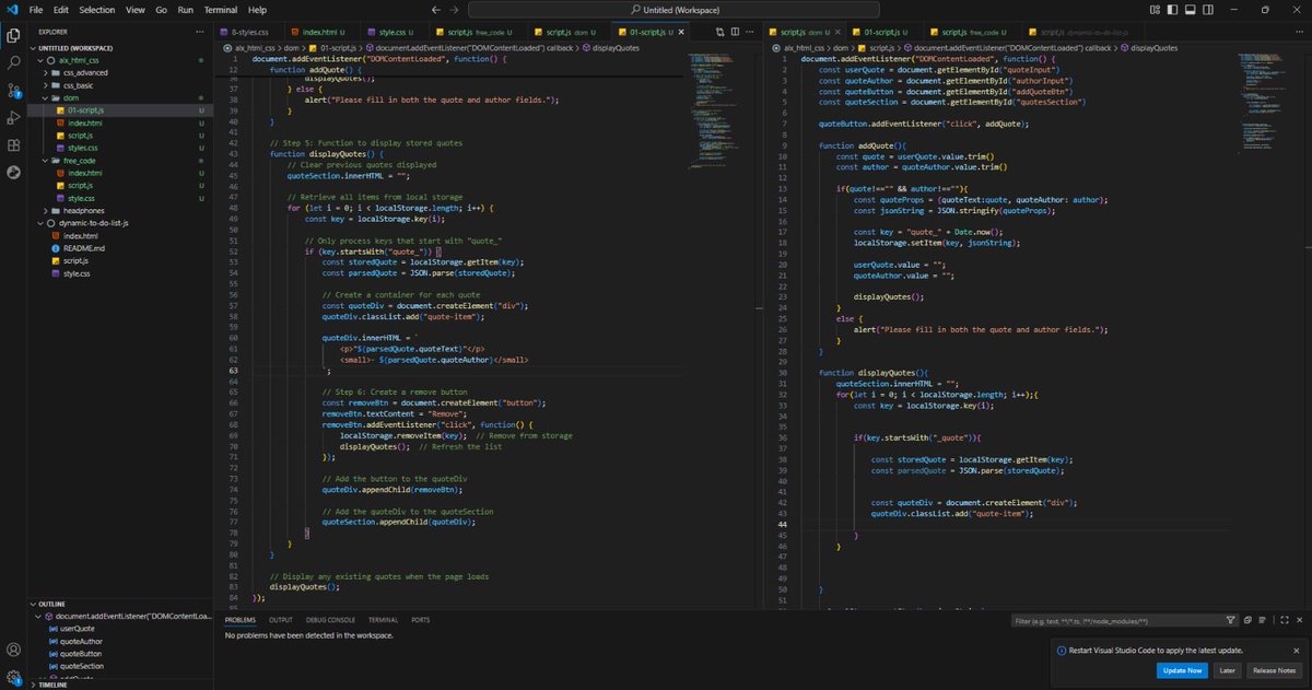 nkeiruka_iweala's tweet image. Day 32 of #100DaysOfCode
Learning JavaScript isn’t easy
Made so many mistakes and spent hours trying to figure the way out
Slide 1: AI-corrected code
Slide 2: Me patiently redoing the corrections with understanding
Please what’s the best way to learn JavaScript?🫠
#DevCommunity
