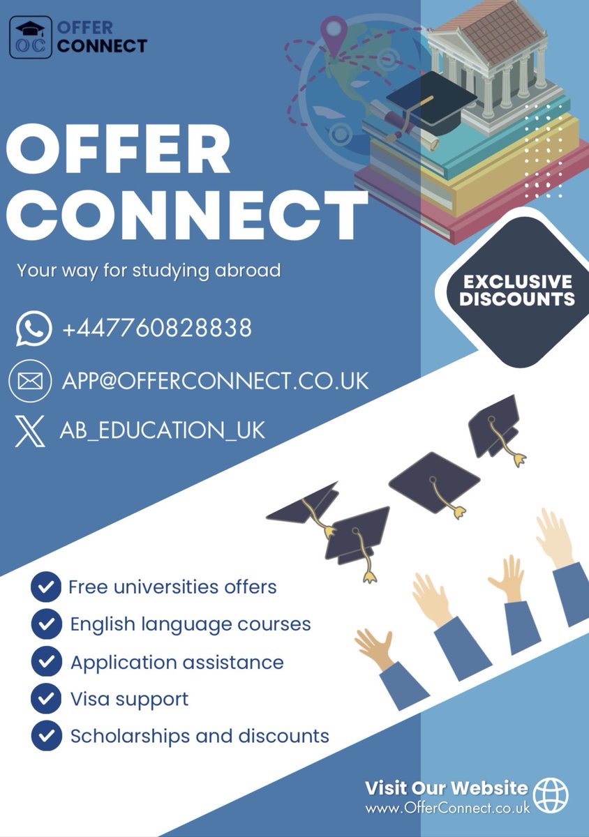 كل الشكر  ل  Offer connect  على دعمهم ورعايتهم لفعالياتنا الماضيه🤍.
جهة متخصصة بتوفير قبولات الجامعات والمعاهد خارج المملكة  🎓@AB_EDUCATION_UK