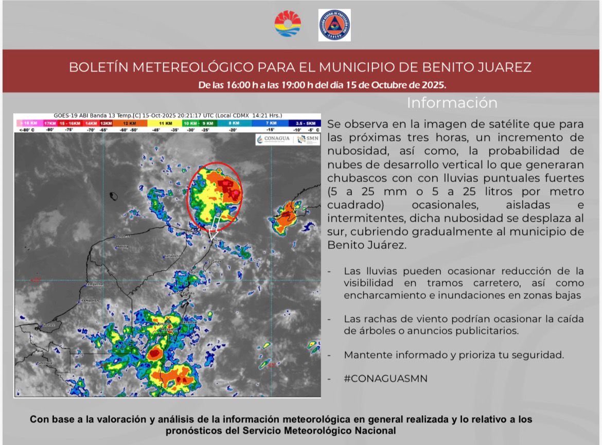 ¡Aviso metereológico! 🌧️
En las próximas horas, se espera un incremento de nubosidad y lluvias puntuales fuertes en Cancún. Las precipitaciones podrían generar encharcamientos y caída de árboles.

Toma tus precauciones y mantente informado a través de medios oficiales. 🤝