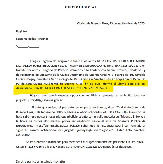 magioncalda's tweet image. La Justicia de la Ciudad manda oficio al Registro Nacional de las Personas para que le informe el domicilio de @lilialemoine. Necesita saberlo para poder intimarla al pago de los #IngresosBrutos que adeuda. Y si todos le pedimos que se presente en el juicio y pague...?