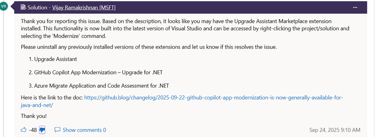 CodingMadness's tweet image. Microsoft latest update of Visual Studio rendered the .NET Upgrade Assistant extension useless forcing to uninstall it, their response is that the functionality is now part of VS, problem is: you need copilot for some reason now.
1/2