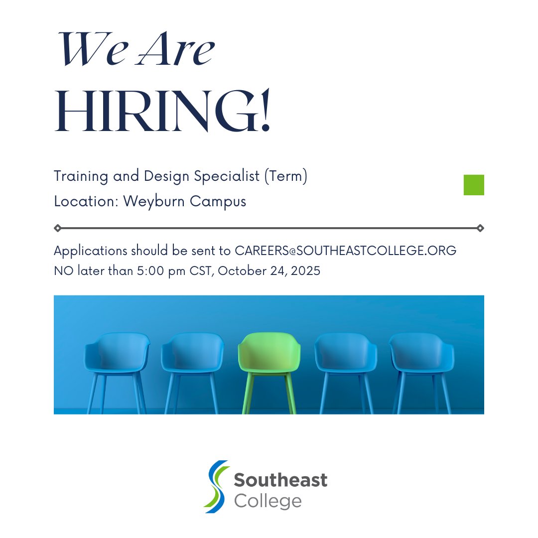 Help us make a difference and join our team! Southeast College is currently recruiting for a Term Training and Design Specialist. This position is located at our Weyburn Campus. Visit our careers page for more information - southeastcollege.org/the-college/ca…