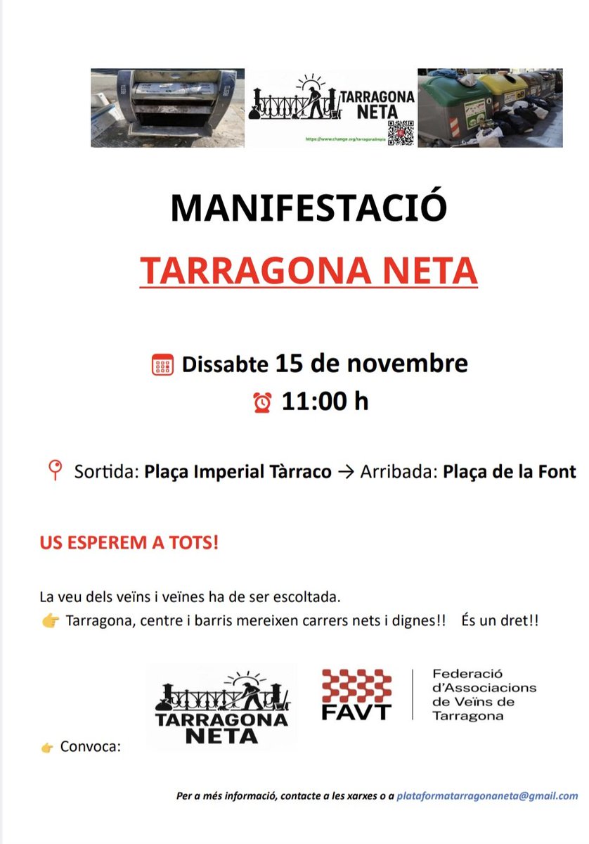Si vens a la manifestació i alcem tots plegats la veu💪💪🔊🔊, #tarragona deixarà d'estar bruta🧹
Si no vens, continuarem pagant impostos de primera per seguir tenint una ciutat plena de 💩
Tú decideixes 💪