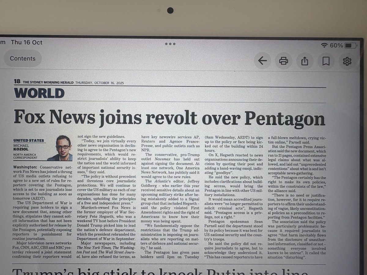 QuentinDempster's tweet image. Pentagon: Access denied unless journalists agree to seek information only from official sources. Almost all major US media refuse to sign up to SecWar Hegseth’s new protocol. This is a recipe for censorship, deceit and deception. 👇MKoziol SMH/Age.