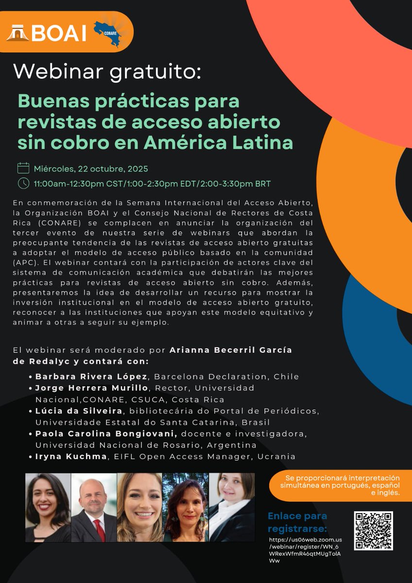 Redalyc's tweet photo. 🔓#OAWeek2025

Únete al webinar gratuito: Buenas prácticas para revistas de #AccesoAbierto sin cobro en América Latina.🌎

🗓22 octubre de 2025
⏰11:00 am CST | 1:00 pm EDT | 2:00 pm BRT
Org. @TheBOAI y #CONARE

🔗 Inscríbete: https://t.co/Ku5qmCcRDl 

🎧 Transmisión simultanea https://t.co/WW6ydzGtkL