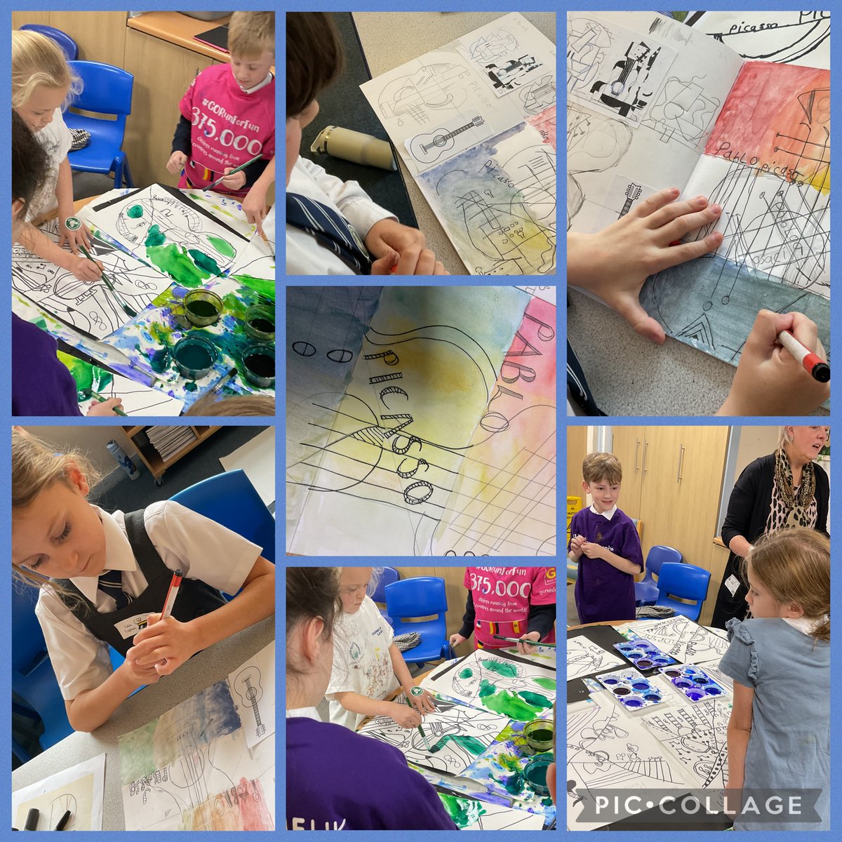 FPS_4_BStorms's tweet photo. This week we enjoyed studying Pablo Picasso. We drew guitars in his abstract style. Then painted our designs. Shapes and patterns. #fpsart #gilltaylor https://t.co/benbXSicQd