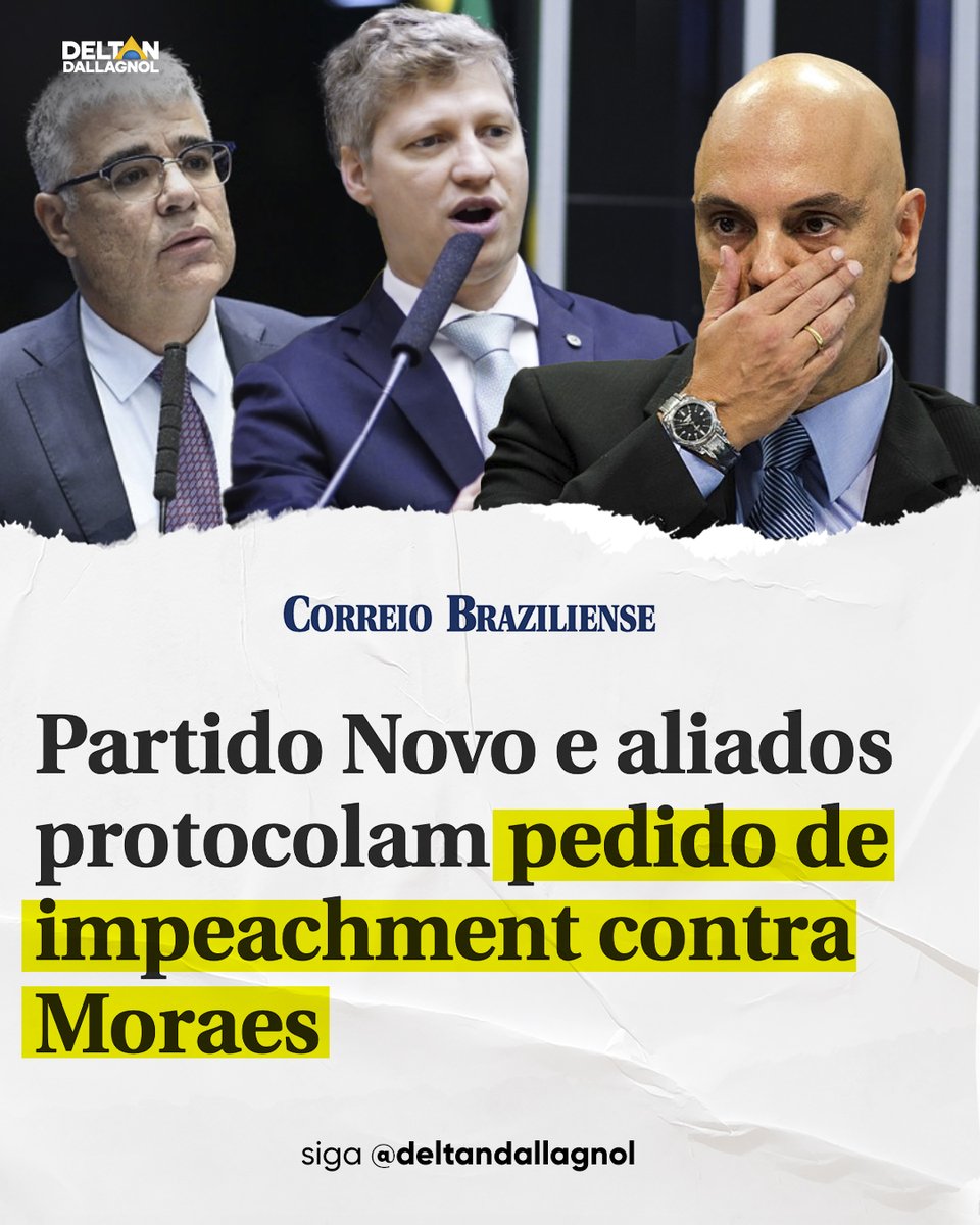 🚨 URGENTE! O Partido Novo , junto da oposição, protocolou novo pedido de impeachment contra Alexandre de Moraes! ⚖️

📄 O pedido de impeachment contra Moraes já conta com 90 assinaturas de deputados federais. A denúncia cita as mensagens da “Vaza Toga”, que denunciou como Moraes